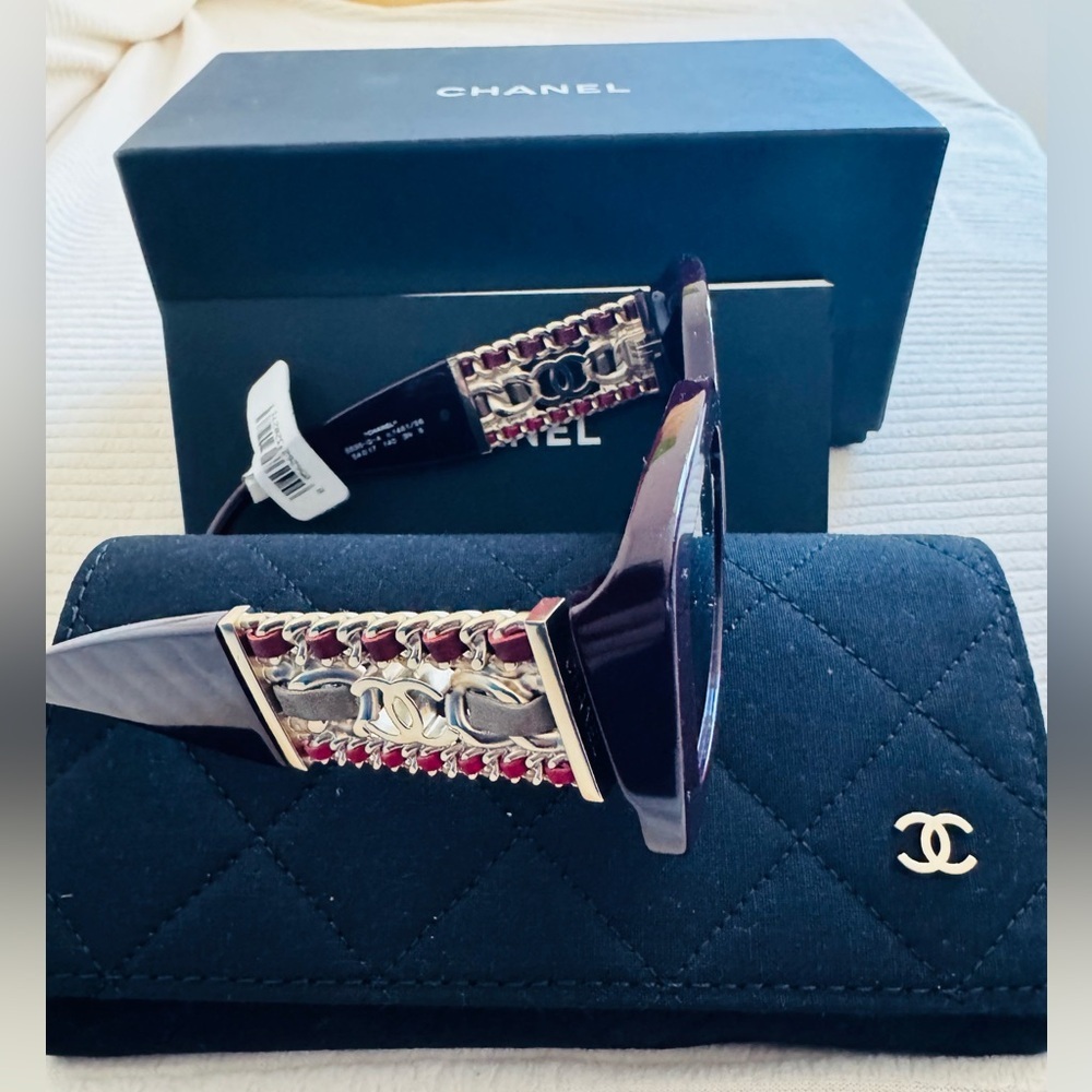 CHANEL Purple Dark Burgundy Sunglasses with Gold chain and CC Details MRP $970